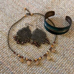 Jewelry Set - Copper Cuff Artisan Bracelet, Beaded Earrings and Beaded Necklace